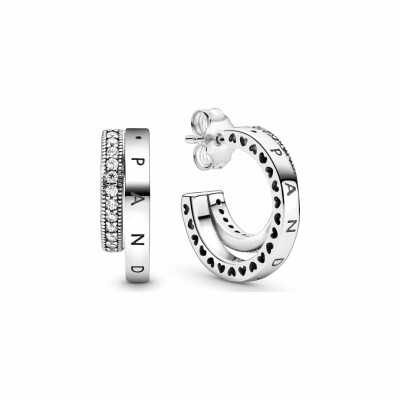 Boucles d'oreilles créoles Pandora Signature doubles pavé en argent et oxyde de zirconium