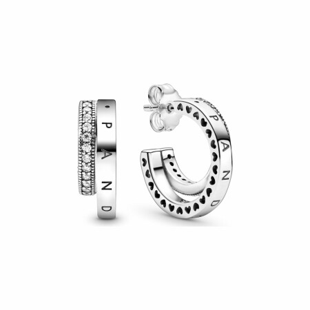 Boucles d'oreilles créoles Pandora Signature doubles pavé en argent et oxyde de zirconium