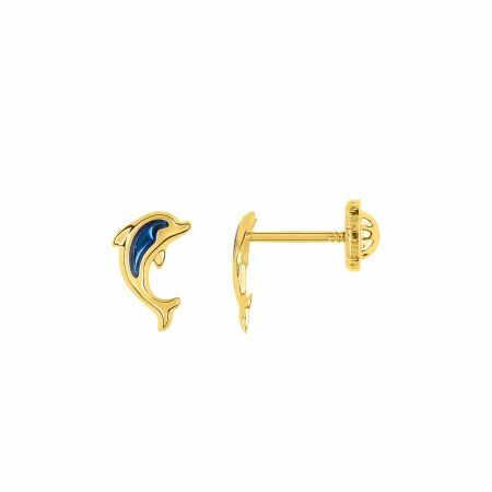 Boucles d'oreilles dauphins en or jaune et laque