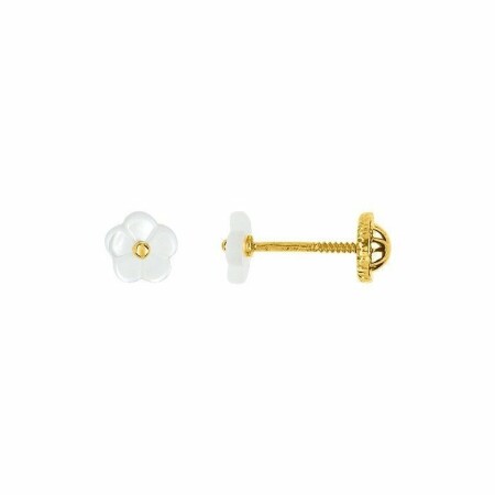 Boucles d'oreilles fleurs en or jaune et nacre blanche