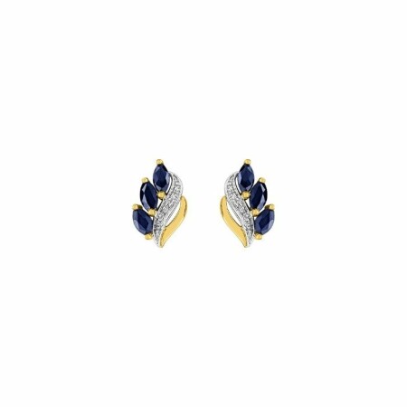 Boucles d'oreilles clous en or jaune, rhodium et saphirs