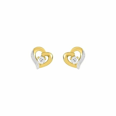 Boucles d'oreilles coeurs en or blanc, or jaune et oxydes de zirconium