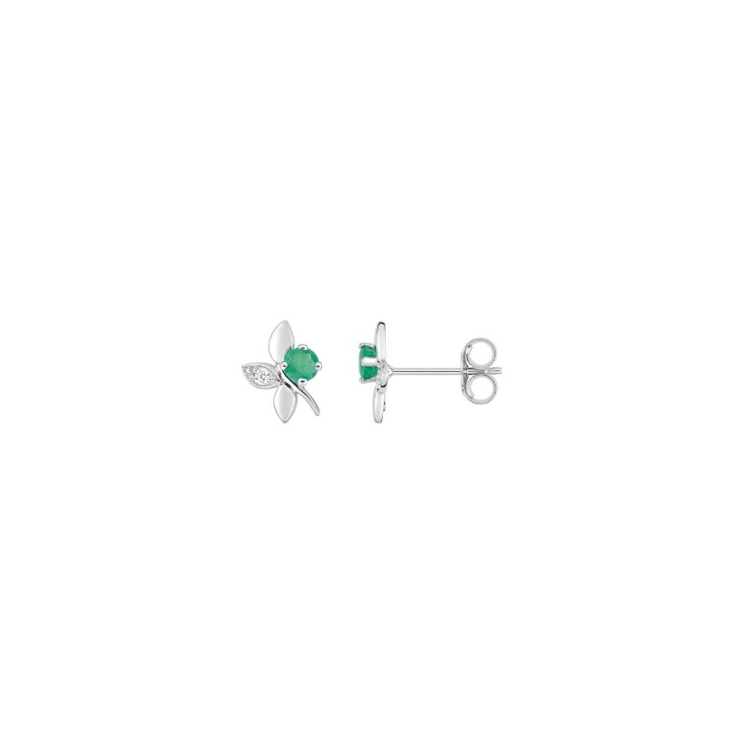 Puces d'oreilles en or blanc, oxydes de zirconium et émeraudes