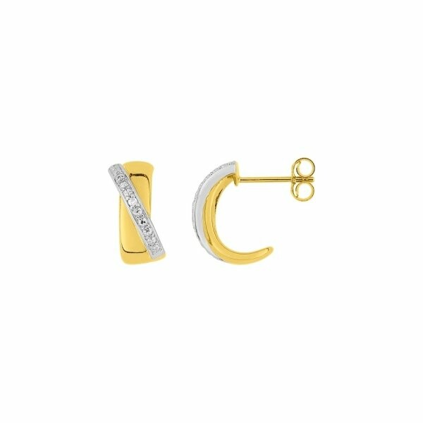 Boucles d'oreilles créoles en or jaune, rhodium et diamants 0.01ct