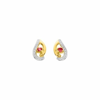 Boucles d'oreilles clous en or jaune, or blanc et rubis