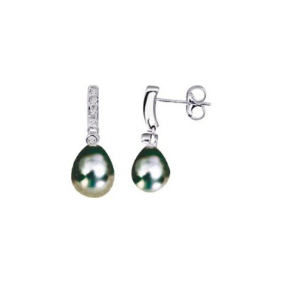 Boucles d'oreilles pendantes en or jaune, perles de tahiti et diamants, 0.06ct