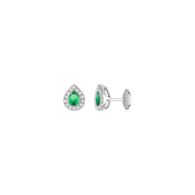 Boucles d'oreilles en or blanc, émeraude et diamant