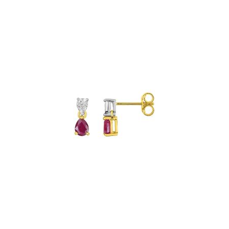 Puces d'oreilles en or jaune, or blanc, diamants et rubis