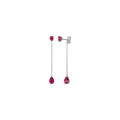 Boucles d'oreilles pendantes en or blanc et rubis