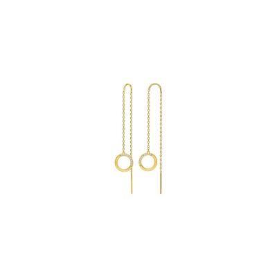 Boucles d'oreilles pendantes traversantes en or jaune et oxydes de zirconium
