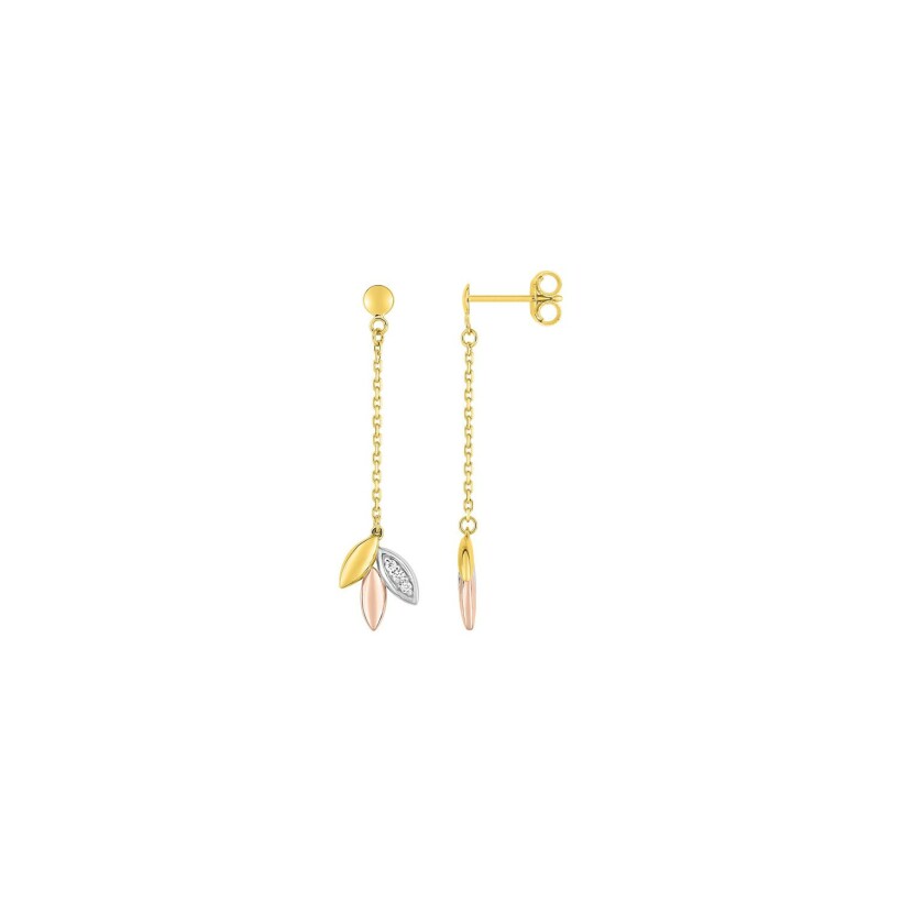 Boucles d'oreilles pendantes en or jaune rhodié et diamants