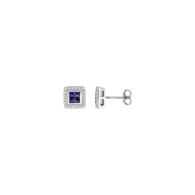 Puces d'oreilles en or blanc, diamants et saphirs, 0.20ct