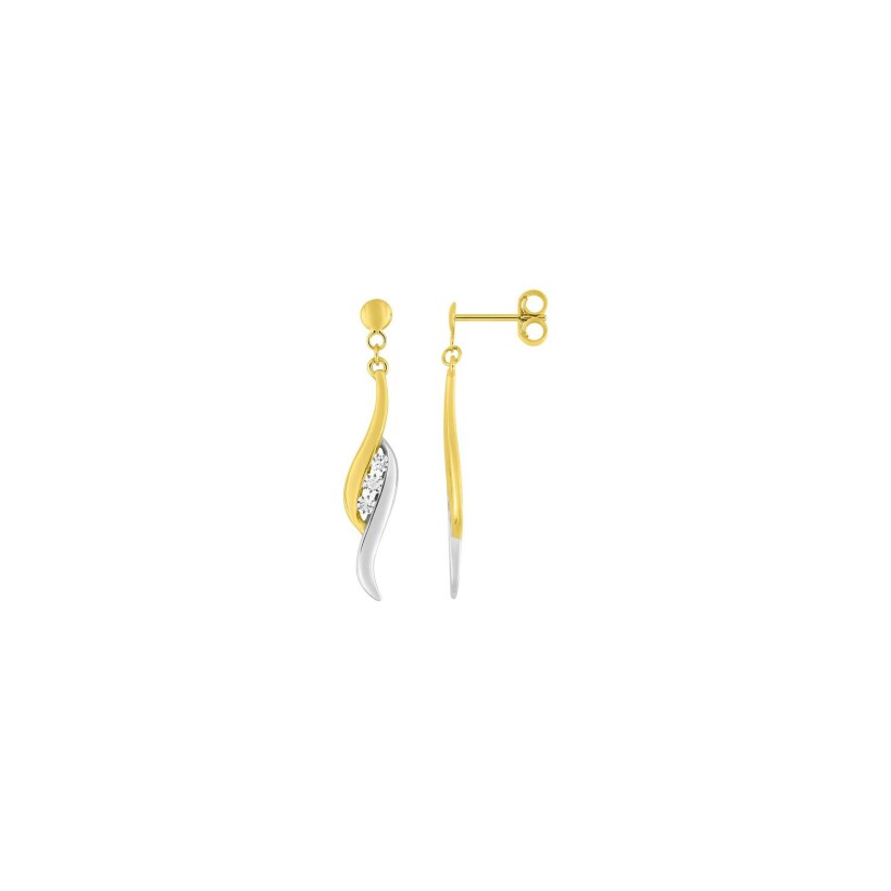 Boucles d'oreilles pendantes en or jaune, rhodium et oxydes de zirconium