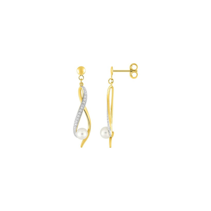 Boucles d'oreilles pendantes en or jaune rhodié, diamants et perles