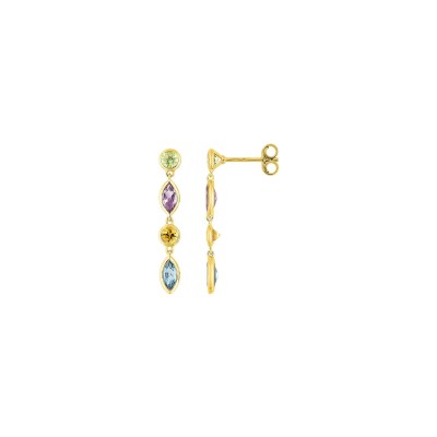 Boucles d'oreilles en or jaune, améthyste, péridot, citrine et topaze bleue