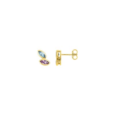 Clous d'oreilles en or jaune, améthyste et topaze bleue