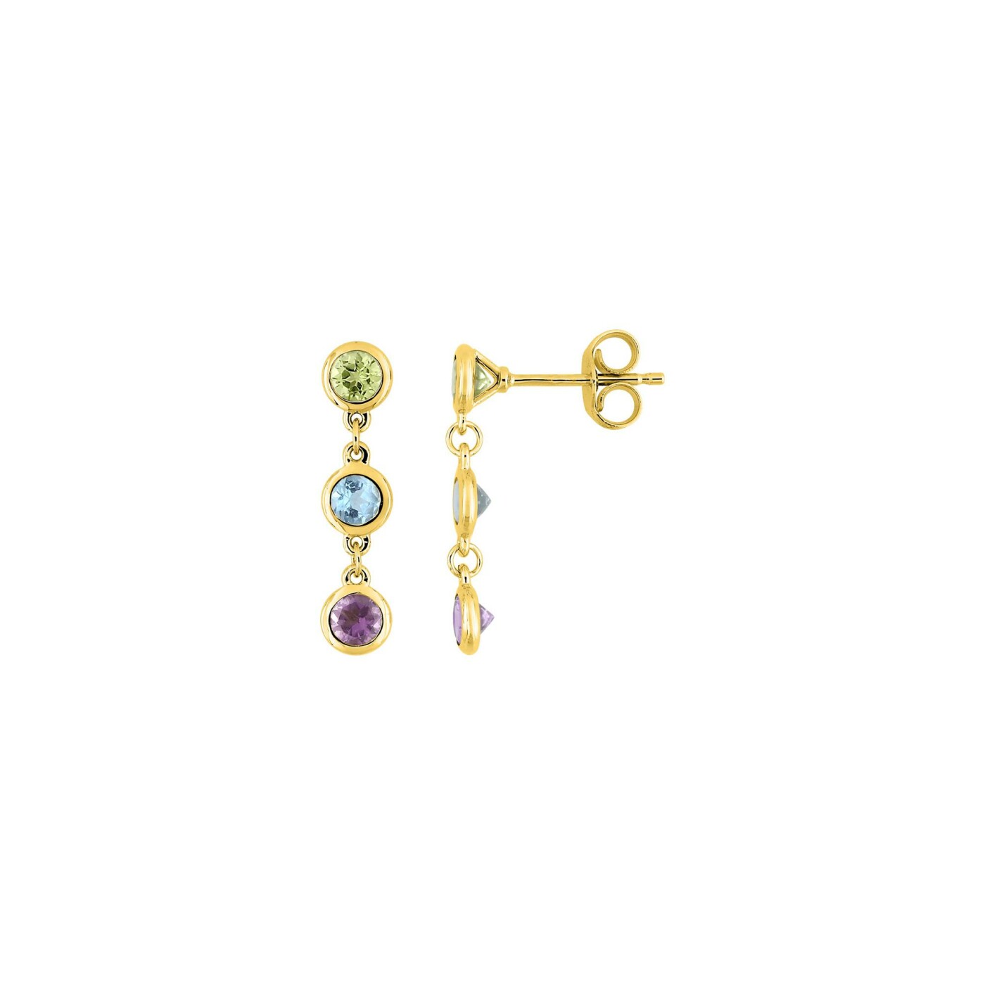 Boucles d'oreilles pendantes en or jaune, améthyste, péridot et topaze bleue