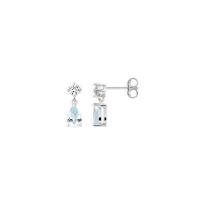 Boucles d'oreilles pendantes en or blanc, oxyde de zirconium et aquaprase