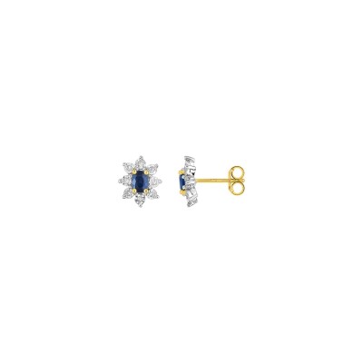 Clous d'oreilles en or jaune, saphir et diamant 0.06ct