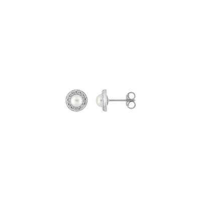 Clous d'oreilles en or blanc, perle de culture 4mm et oxyde de zirconium