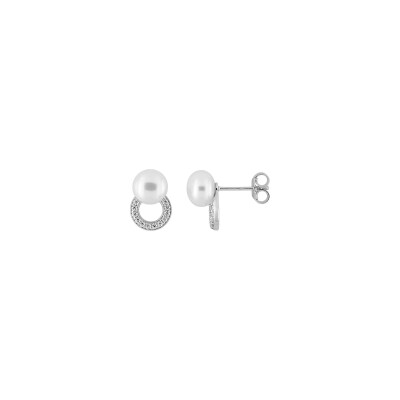 Clous d'oreilles en or blanc, perle de culture 6mm et oxyde de zirconium