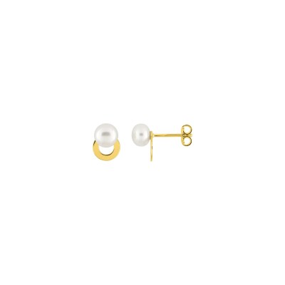 Clous d'oreilles en or jaune, perle de culture 6mm et oxyde de zirconium