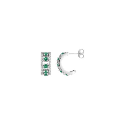 Boucles d'oreilles demi créoles en or blanc, émeraude et oxyde de zirconium