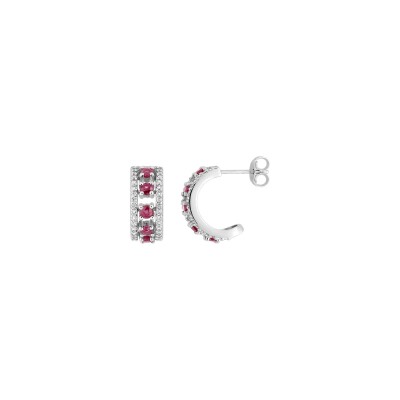 Boucles d'oreilles demi créoles en or blanc, rubis et oxyde de zirconium