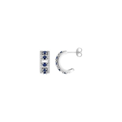 Boucles d'oreilles demi créoles en or blanc, saphir et oxyde de zirconium