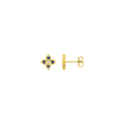 Clous d'oreilles en or jaune, saphir et diamant 0.01ct