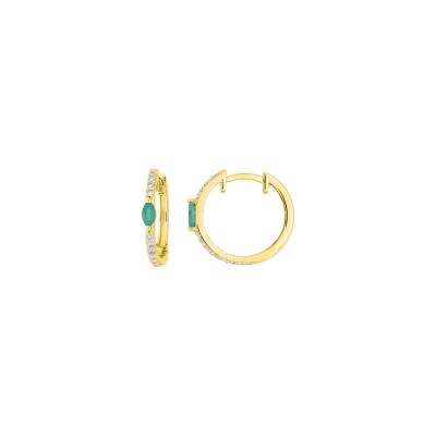 Boucles d'oreilles créoles en or jaune, émeraude et diamant 0.20ct