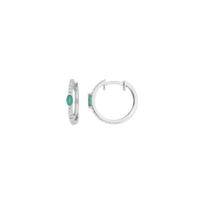 Boucles d'oreilles créoles en or blanc, émeraude et diamant 0.20ct