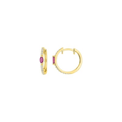 Boucles d'oreilles créoles en or jaune, rubis et diamant 0.20ct