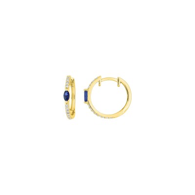 Boucles d'oreilles créoles en or jaune, saphir et diamant 0.20ct