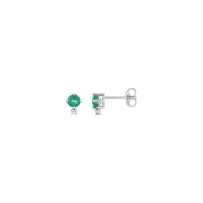 Clous d'oreilles en or blanc, émeraude et diamant 0.02ct