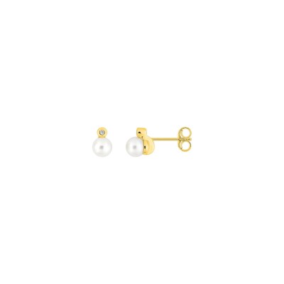 Clous d'oreilles en or jaune, perle de culture et diamant 0.01ct