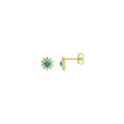 Clous d'oreilles en or jaune, émeraude et diamant 0.20ct