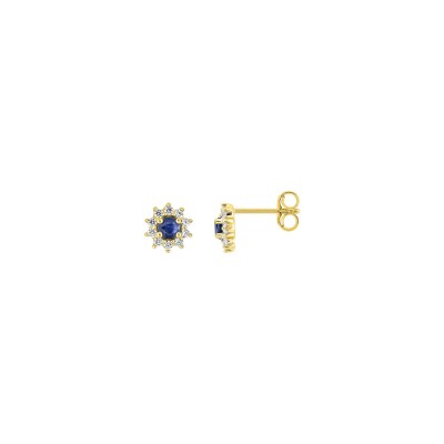 Clous d'oreilles en or jaune, saphir et diamant 0.20ct