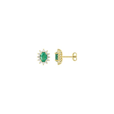 Clous d'oreilles en or jaune, émeraude et diamant 0.38ct
