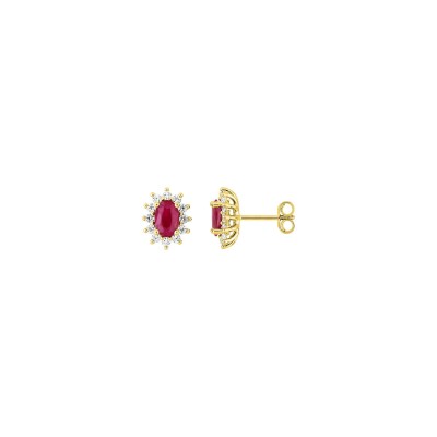 Clous d'oreilles en or jaune, rubis et diamant 0.38ct