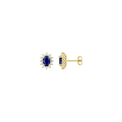 Clous d'oreilles en or jaune, saphir et diamant 0.38ct