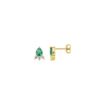 Boucles d'oreilles clous en or jaune, émeraude et oxyde de zirconium