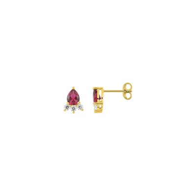 Boucles d'oreilles clous en or jaune, rubis et oxyde de zirconium