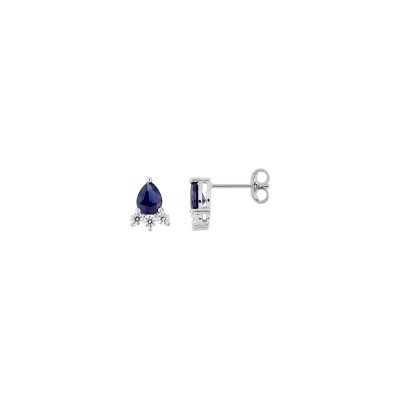Boucles d'oreilles clous en or blanc, saphir et oxyde de zirconium