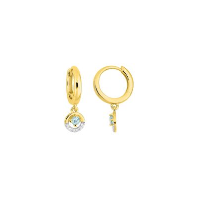 Boucles d'oreilles créoles en or jaune rhodié, topaze bleue et oxyde de zirconium