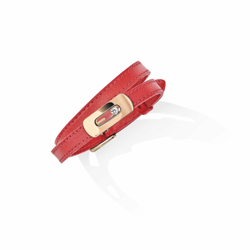 Messika My Move bracelet, pink gold, diamond, cherry red leather