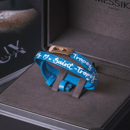 Messika My Move bracelet, rose gold and diamond on blue leather, Saint Tropez