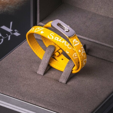 Messika My Move bracelet, white gold and diamond on yellow leather, Saint Tropez