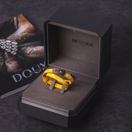 Messika My Move bracelet, graphite titanium and diamond on yellow leather, Saint Tropez