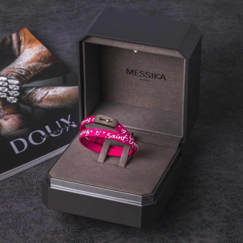 Messika My Move bracelet, graphite titanium and diamond on pink leather, Saint Tropez